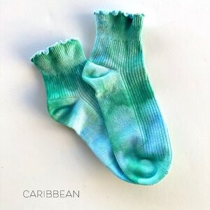 Caribbean Teal Green Ruffle Socks Womens Midcrew Ice Dye Tie Dye Socks Hand Dyed